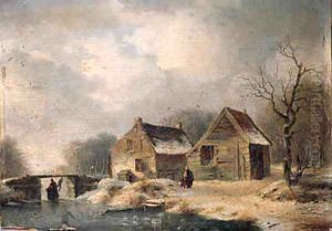 A wooded winter landscape with peasants walking along a frozen waterway by a cottage by Hendrik Manfred Haus