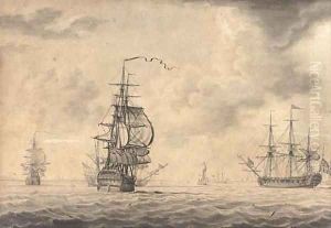 A man-o'war running into an offshore anchorage, possibly at Harwich by John Hood