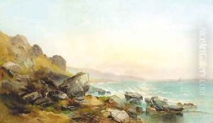 Figures on a coastal path at sunset by Joseph Horlor