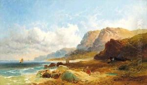 Fisherfolk on the shore; and Cattle watering in an extensive river landscape