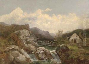 A cottage beside a rocky mountain stream by Joseph Horlor