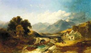 A drover with cattle on a bridge in a Highland landscape