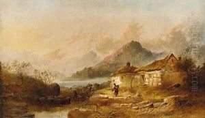 A figure before a cottage in a lake landscape; and Figures resting in a mountainous landscape by Joseph Horlor