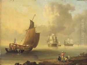 A French lugger and merchantmen in coastal waters by John Ward Of Hull