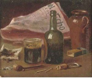 A glass and pipes, with jugs to the side by William Michael Harnett