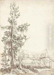 A landscape and a fortified house, a tree in the foreground by Wolfgang Huber
