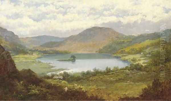 Sheep grazing in a mountainous lake landscape - view 1