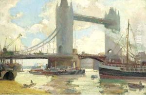 Barges and other river traffic by Tower Bridge