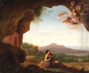 Saint John the Baptist in the Wilderness with Cherubs above by Jan Van Hanesbergen