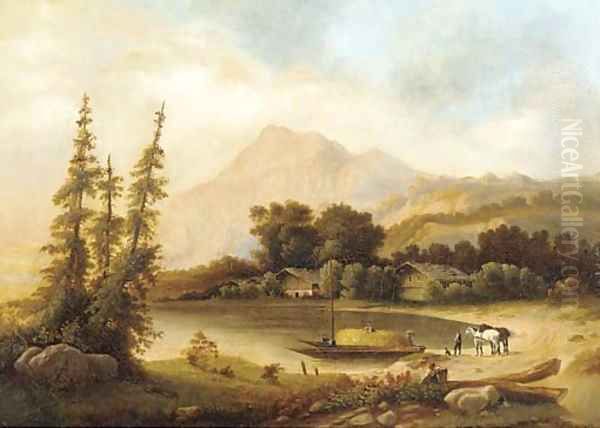 Figures unloading barges on an Alpine lake - view 1