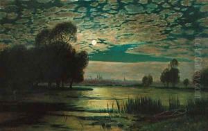 A river landscape by moonlight