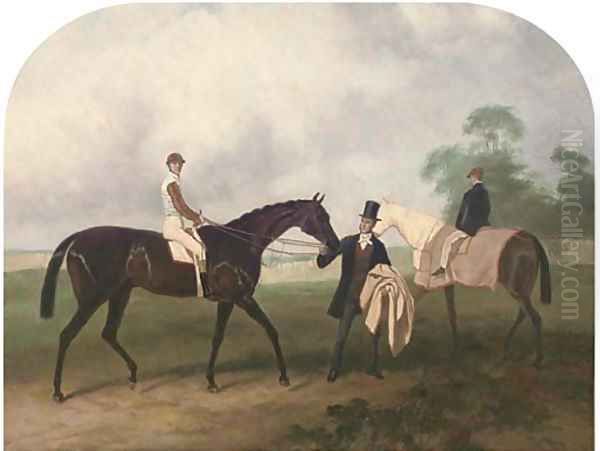 Portrait of a jockey up, on a bay racehorse, held by its owner, a groom on a bay beyond, in a paddock - view 1