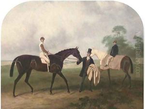 Portrait of a jockey up, on a bay racehorse, held by its owner, a groom on a bay beyond, in a paddock Portrait of a jockey up, on a bay racehorse, held by its owner, a groom on a bay beyond, in a paddock