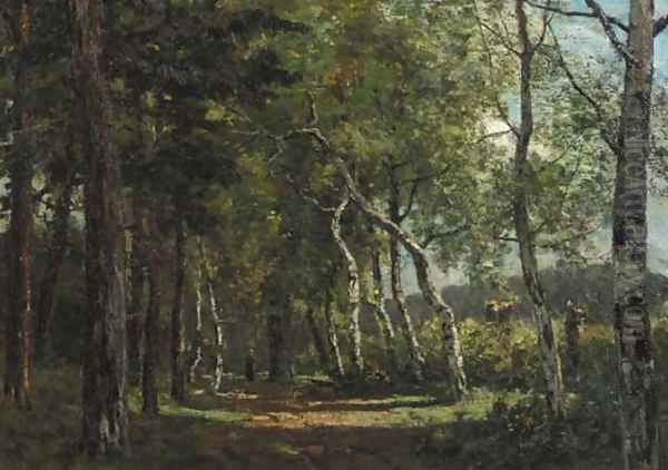 Peasant woman on a birch tree-lined road - view 1