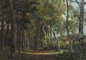 Peasant woman on a birch tree-lined road by Ferdinand Bernhard Hoppe