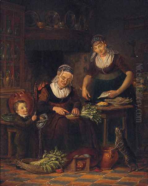 Women preparing a meal in a parlour by a young boy and a cat - view 1
