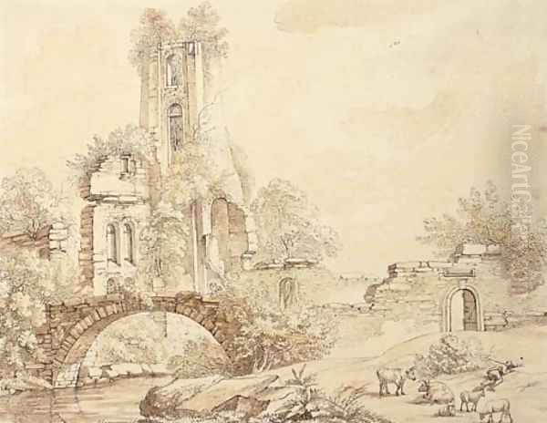 A ruined tower by a bridge, a herdsman asleep in the foreground - view 1