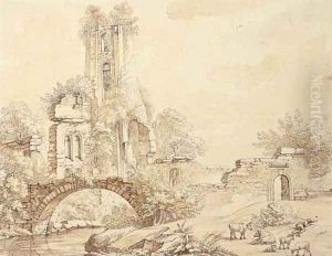 A ruined tower by a bridge, a herdsman asleep in the foreground by Christian Gottlob Hammer