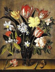 Tulips, daffodils, carnations, a rose and an iris in a berkemeyer with a butterfly on a wooden ledge by Jacob van Hulsdonck