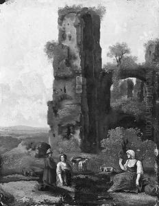 Shepherds resting by classical ruins in an Italianate landscape by Jan van Haensbergen