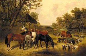 Horses watering in a farmyard with ducks, goats, chickens and pigs