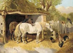 Horses and chickens in a farmyard