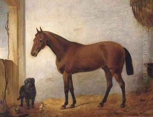 A chestnut hunter with a black labrador in a stable by John Frederick Jnr Herring