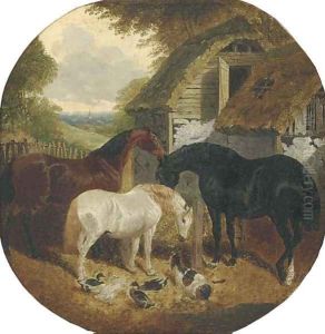 Horses, ducks and a goat, in a farmyard by John Frederick Jnr Herring