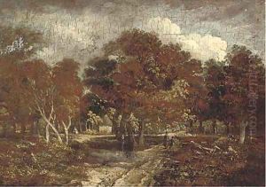 Children in a wooded landscape by Meindert Hobbema