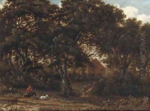 A wooded landscape with a herdsman playing a flute, a traveller on a path toward a house beyond by Meindert Hobbema