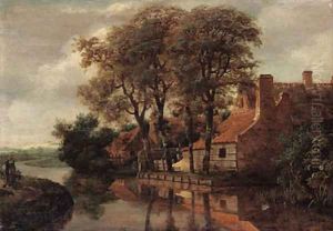 A river landscape with a mother and child on a path and a farmstead beyond