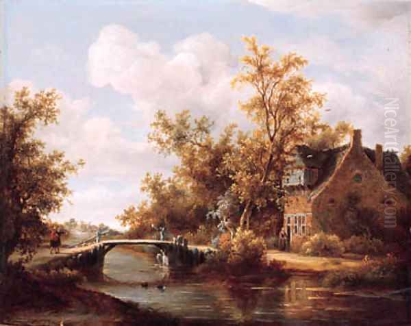 A view on a farm by a canal with travellers on a road by a bridge - view 1