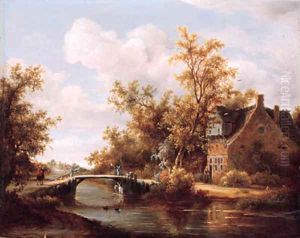 A view on a farm by a canal with travellers on a road by a bridge