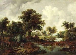 A wooded river landscape with a man on horseback and a dog on the bank by Meindert Hobbema
