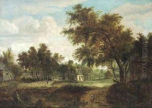 A wooded village landscape with peasants on a track