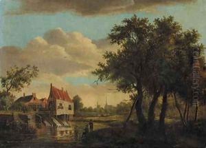 Anglers seated on a river bank by a watermill, a church in the distance