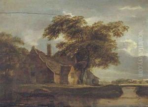 A landscape with a cottage and a traveller by a river by Meindert Hobbema