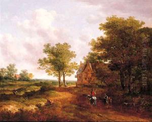 A traveller conversing with a peasantwoman on a track by an inn