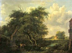 A watermill in a wooded landscape in summer by Meindert Hobbema