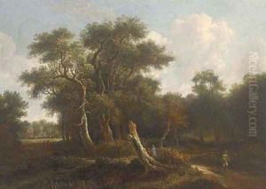 A wooded landscape with travellers on a path by Meindert Hobbema