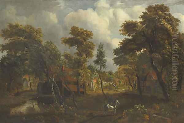 A wooded river landscape with travelers on a path - view 1