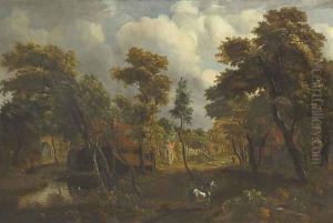 A wooded river landscape with travelers on a path by Meindert Hobbema