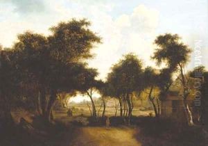 Figures by a woodland cottage by Meindert Hobbema