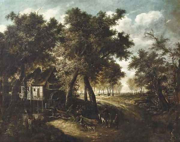 A wooded landscape with travellers approaching a watermill - view 1