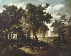 A wooded landscape with travellers approaching a watermill by Meindert Hobbema