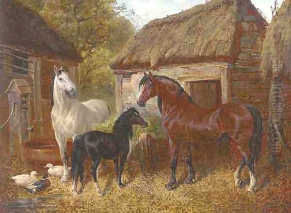 Horses and ducks in a farmyard by Benjamin Jnr Herring