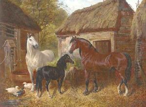 Horses and ducks in a farmyard by Benjamin Jnr Herring