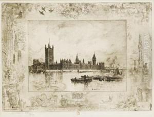 Westminster Palace; Westminster Clock Tower by Felix-Hilaire Buhot