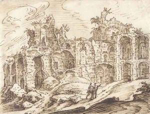 A ruined bath with figures among rocks in the foreground by Tobias van Haecht (see Verhaecht)