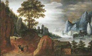 Peasants on a path in a rocky landscape, near a farmhouse with a watermill, a castle beyond by Tobias van Haecht (see Verhaecht)